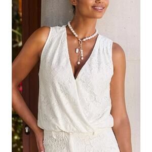 Boston Proper White Lace V-Neck Sleeveless Surplice Knit Blouse Women's Small